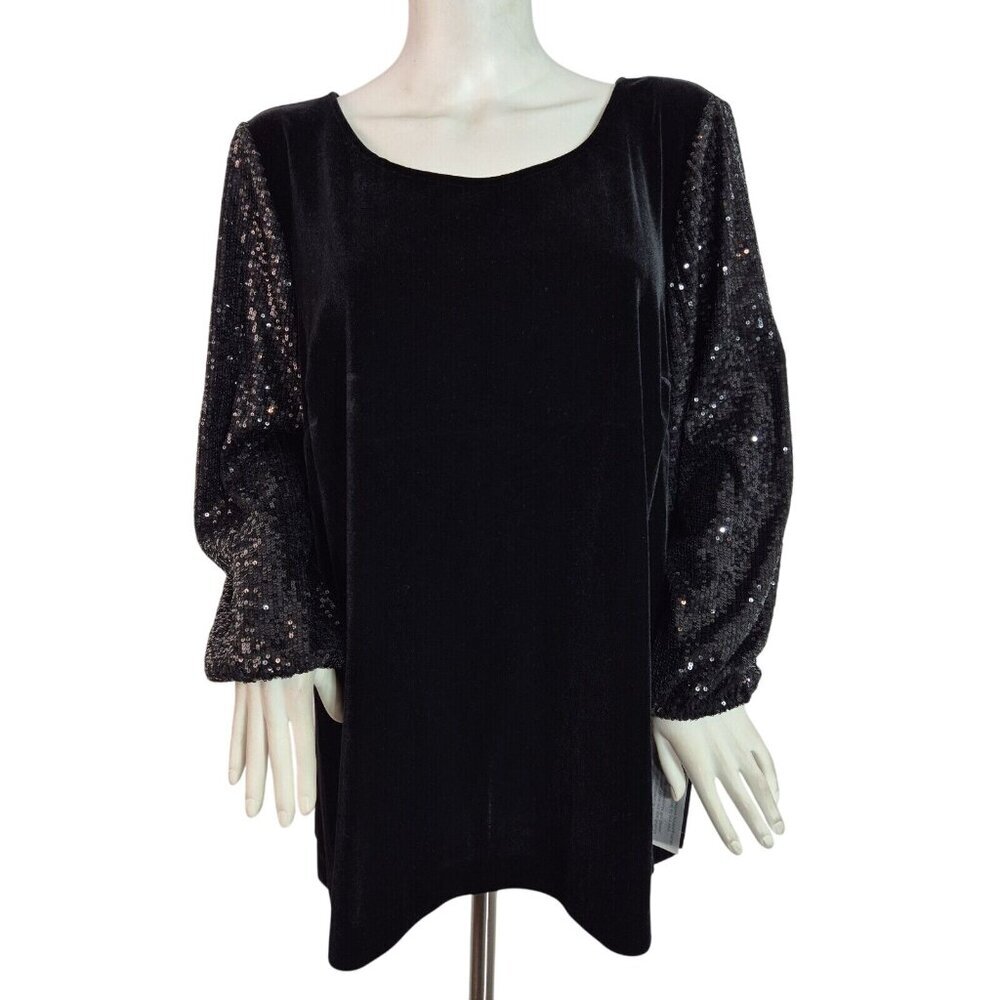 Alex Evenings Women's Top Blouse Size 1X Velvet Sequined Long Sleeve Black (07)